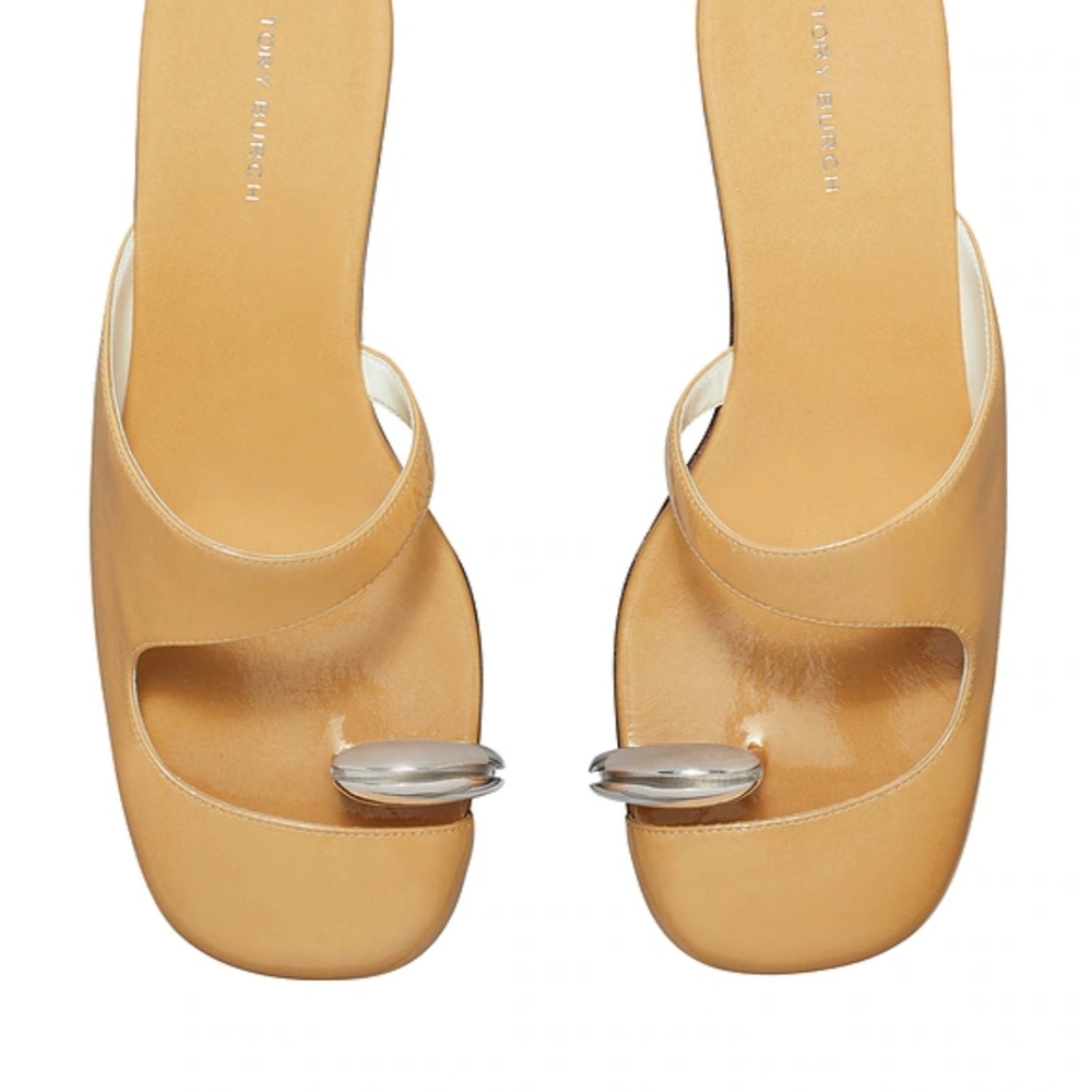 Tory Burch Beige Pierced Leather Wedge mule with Silver Accents